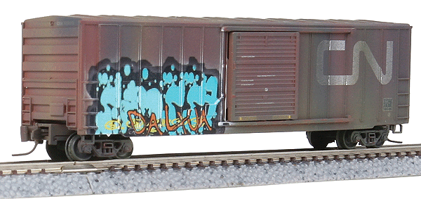 50' Ribside Plug-Door Boxcar w/FMC Doors, No Roofwalk - Ready to Run -- Canadian National (Weathered, Large CN Noodle Logo, Graffiti)