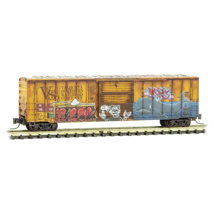 50' Rib-Side Single-Door Boxcar No Roofwalk - Ready to Run -- Valdosta Southern HS 30121 (Weathered, yellow, black, Graffiti)-1