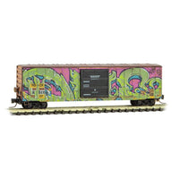 50' Rib-Side Single-Door Boxcar No Roofwalk - Ready to Run -- Railbox 38068 (Weathered, yellow, black, Slug Day Graffiti, Series Car 5)