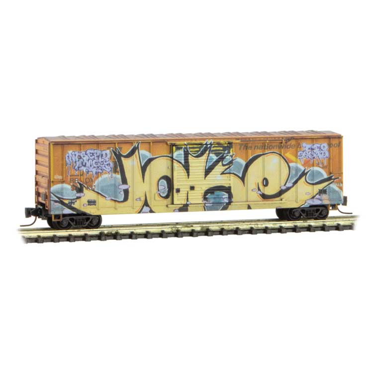 50' Rib-Side Single-Door Boxcar No Roofwalk - Ready to Run -- Railbox #38432 (Weathered; yellow, black; Joke Day Graffiti, Series Car #8)-1
