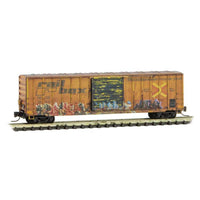 50' Rib-Side Single-Door Boxcar No Roofwalk - Ready to Run -- Railbox #38432 (Weathered; yellow, black; Joke Day Graffiti, Series Car #8)