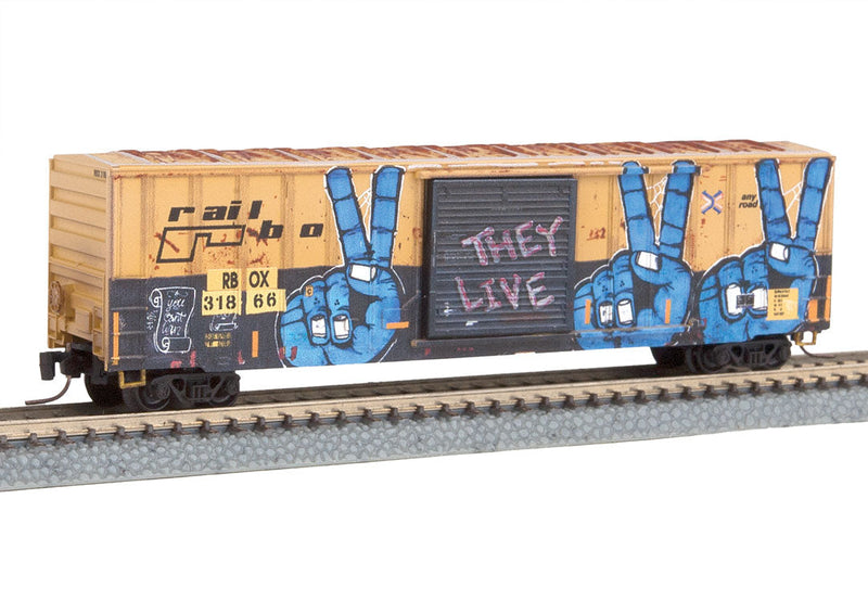 50' Rib-Side Single-Door Boxcar No Roofwalk - Ready to Run -- Railbox 31866 (Weathered; yellow, black; Peace Day Graffiti, Series Car 11)-1