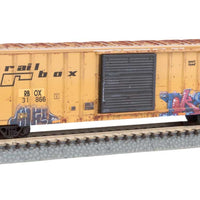 50' Rib-Side Single-Door Boxcar No Roofwalk - Ready to Run -- Railbox 31866 (Weathered; yellow, black; Peace Day Graffiti, Series Car 11)