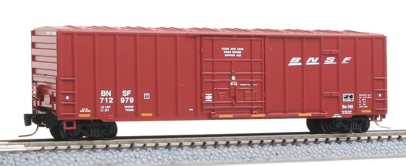 50' Rib-Side Plug Door Boxcar, No Roofwalk - Ready to Run -- BNSF Railway (Boxcar Red, white, Wedge Logo, yellow Conspicuity Marks)