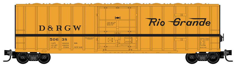 50' Rib-Side Plug-Door Boxcar No Roofwalk - Ready to Run -- Denver & Rio Grande Western 50638 (Aspen Gold, black stripe, Flying Grande)