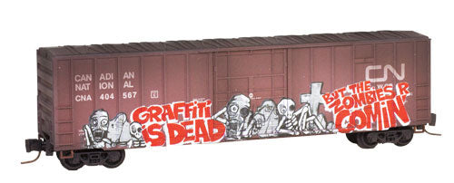 50' Rib-Side Plug-Door Boxcar No Roofwalk - Ready to Run -- Canadian National #404567 (Weathered, Boxcar Red, Zombie Graffiti)
