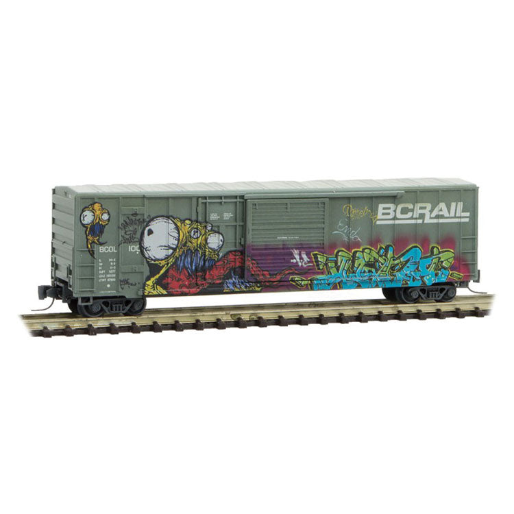 50' Rib-Side Plug & Sliding Door Boxcar No Roofwalk - Ready to Run -- BC Rail (Weathered, green, Monster #3 Graffiti)