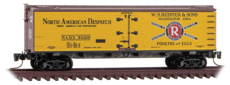 40' Wood-Sheathed Ice Reefer - Ready to Run -- W.S. Reister & Sons NADX #3029 (yellow, Boxcar Red, red, Poultry Egg Series
