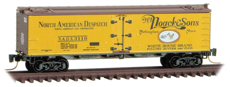 40' Wood-Sheathed Ice Reefer - Ready to Run -- H.M. Noack and Sons NADX #3116 (yellow, Boxcar Red, red, white, Egg Poultry