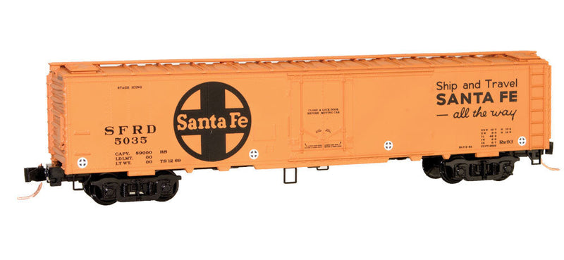 52'2" Riveted Steel Express Reefer w/Plug Door - Ready to Run -- Santa Fe #5035 (orange, black, Large Logo, Ship & Travel Slogan)