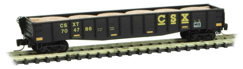50' Fishbelly Drop-End Gondola with Spool Load - Ready to Run -- CSX 704786 (black, yellow, conspicuity marks)