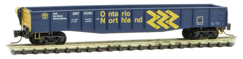 50' Fishbelly Drop-End Gondola - Ready to Run -- Ontario Northland 5061 (blue, yellow, Chevron Logo)