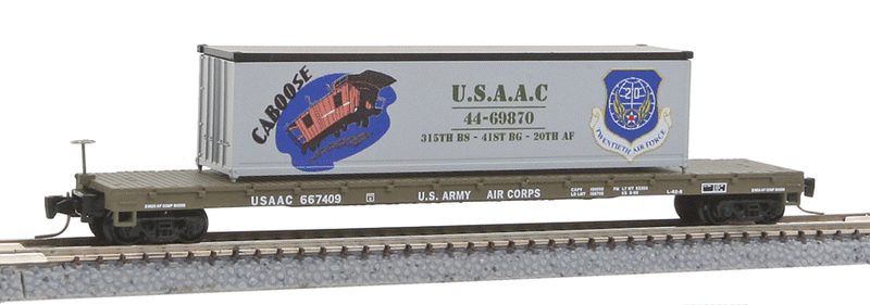 60' Steel Flatcar w/40' Container Load - Ready to Run -- USAAC #667409 (Cabose, #2 in WWII Nose Art Series)
