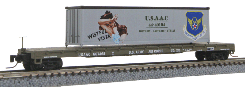 60' Steel Flatcar w/40' Container Load - Ready to Run -- USAAC #667468 (Wistful Vista, #8 in WWII Nose Art Series)