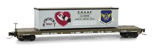 50' Steel Flatcar w/40' Container Load - Ready to Run -- USAAC #66748 (Kentucky Belle, #10 in WWII Nose Art Series)