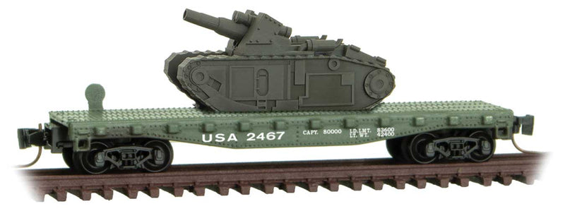 40' Steel Flatcar with Tank Load - Ready to Run -- USA #2467 (green, War of the Worlds #7)