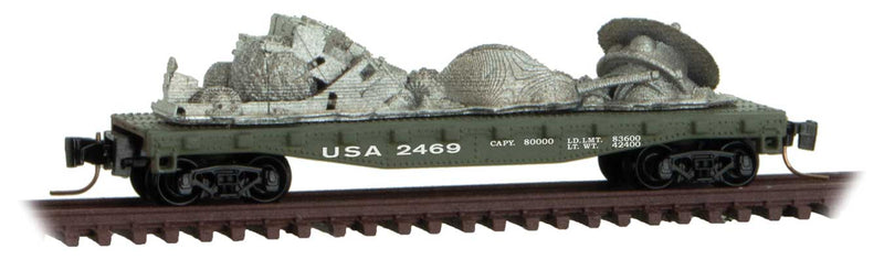 40' Steel Flatcar with Martian Parts Load - Ready to Run -- U.S.A. #2469 (green, white, War of the Worlds #9)