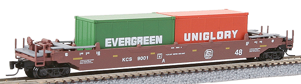 Gunderson 70' Husky Stack Well Car w/2 Containers - Ready to Run -- Kansas City Southern #9001 (Boxcar Red, white Logo & Lettering)