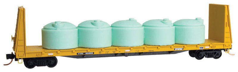 61' 8" Bulkhead Flatcar w/Water Tank Load - Ready to Run -- TTX #804602 (yellow, black, green Tanks)