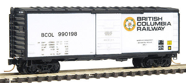 40' Standard Boxcar w/Single Door & Tall Ladders, No Roofwalk -- British Columbia Railway #990198 (white, black roof & ends)