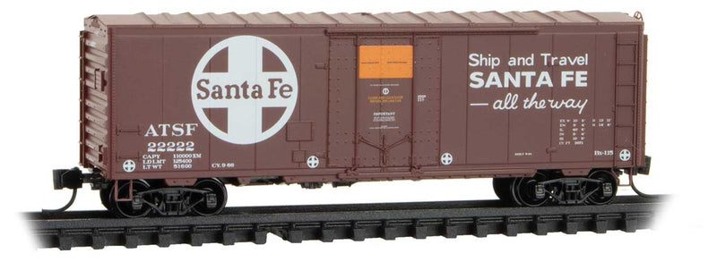 40' Plug-Door Boxcar No Roofwalk - Ready to Run -- Santa Fe #22222 (boxcar Red, white, orange, Ship and Travel Slogan)