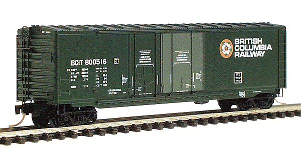 50' Standard Boxcar Double Plug Doors No Roofwalk -- British Columbia Railway #800516 (Dark BCR Green w/Light Green Door)