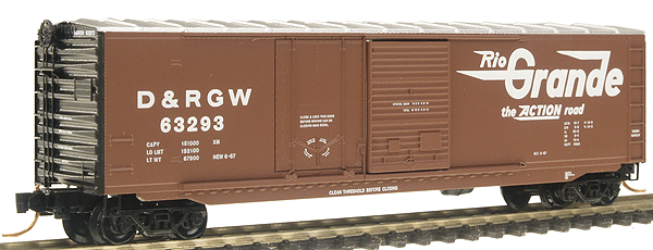 50' Plug & Sliding Door Boxcar No Roofwalk - Ready to Run -- Denver & Rio Grande Western #63290 (Boxcar Red, Large Flying Grande)