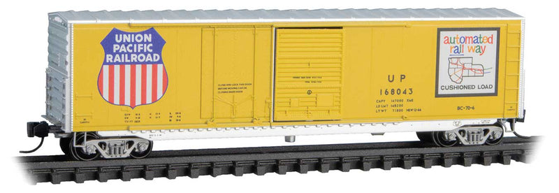 50' Plug & Sliding Door Boxcar No Roofwalk - Ready to Run -- Union Pacific #168043 (Armour Yellow, silver, Automated Railway Map)