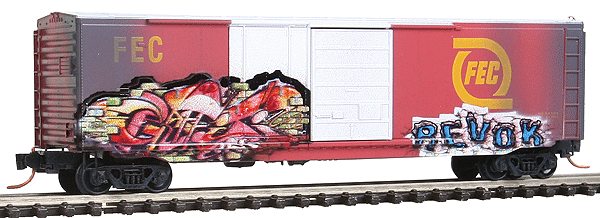 50' Plug & Sliding Door Boxcar No Roofwalk - Ready to Run -- Florida East Coast (Weathered, red, white, Graffiti)