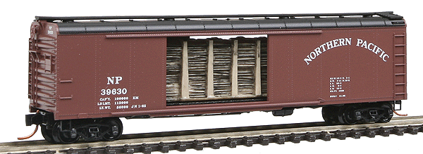 50' Wagon Top Boxcar w/Sliding Doors, w/Wood Load - Assembled -- Northern Pacific #39630 (Boxcar Red, black Roof, white Logo)