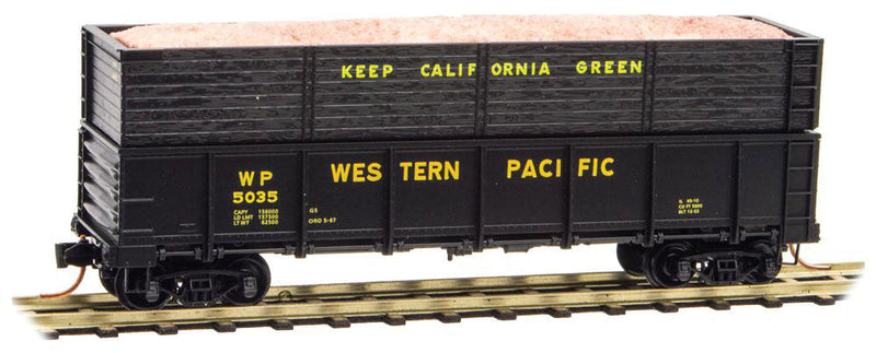40' Drop Bottom Gondola w/Side Extentions & Woodchip Load - Ready to Run -- Western Pacific #5035 (black, yellow, Keep California Green Slogan)