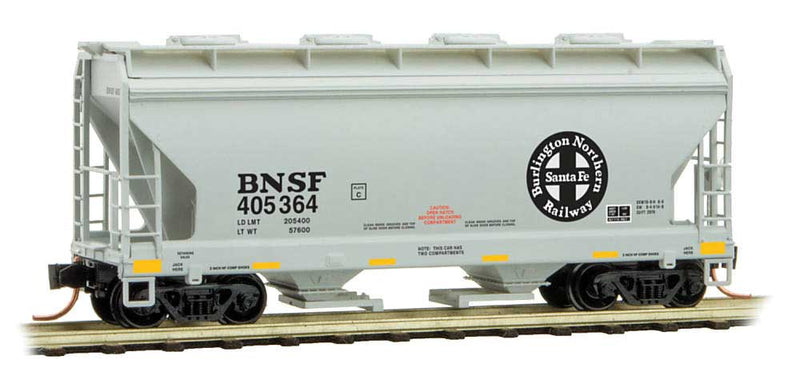 ACF 39' 2-Bay Center-Flow Covered Hopper - Round Hatches - Ready to Run -- Burlington Northern Santa Fe 405364 (gray, black, yellow conspicuity Marking