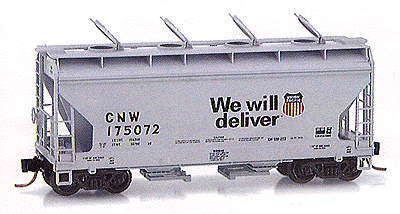 ACF 2-Bay Centerflow Covered Hopper -- Chicago & North Western/UP (gray w/black lettering & "We Will Deliver" slo