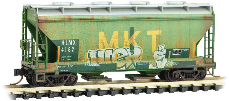 ACF 39' 2-Bay Center-Flow Covered Hopper - Round Hatches - Ready to Run -- Missouri-Kansas-Texas HLMX 4182 (Weathered, green, yellow, Graffiti)-1