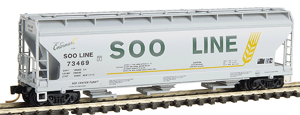 3-Bay ACF Center Flow Covered Hopper w/Trough Hatches -- Soo Line #73469 (Light Gray, green, yellow "Colormark")