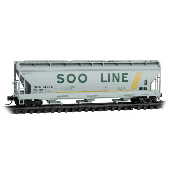 ACF 3-Bay Center Flow Covered Hopper with Elongated Hatches - Ready to Run -- Soo Line #74212 (gray, green, yellow, Colormark Logo)