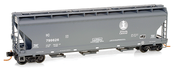 ACF 3-Bay Center Flow Covered Hopper w/Elongated Hatches - Ready to Run -- Illinois Central #799607 (gray, white, Stripe I/Death Star Logo)-1