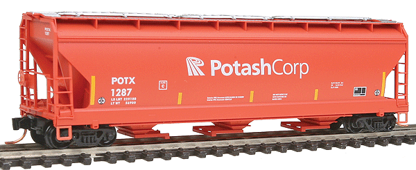 ACF 3-Bay Center Flow Covered Hopper w/Elongated Hatches - Ready to Run -- Potash Corp. POTX #1287 (salmon, white, P Logo, yellow Conspicuity Marks)