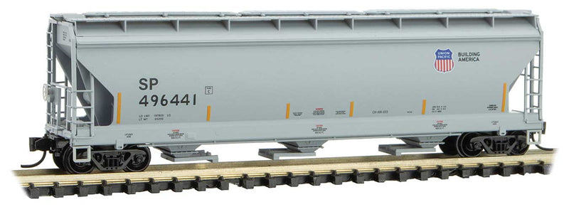 ACF 3-Bay Center Flow Covered Hopper with Elongated Hatches - Ready to Run -- Union Pacific SP 496441 (gray, yellow conspicuity marks, Building America Lo