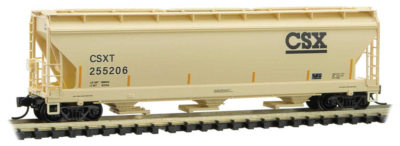 ACF 3-Bay Center Flow Covered Hopper with Elongated Hatches - Ready to Run -- CSX 255206 (tan, black, yellow conspicuity marks)