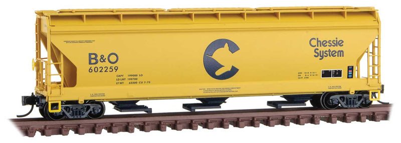 ACF 3-Bay Center Flow Covered Hopper with Elongated Hatches - Ready to Run -- Chessie System B&O 602259 (yellow, blue)
