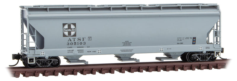 ACF 3-Bay Center Flow Covered Hopper with Elongated Hatches - Ready to Run -- Santa Fe 305103 (gray, black, white, Square Logo)