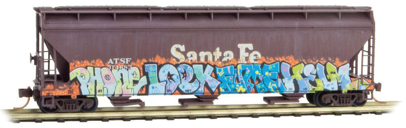 ACF 3-Bay Center Flow Covered Hopper w/Elongated Hatches - Ready to Run -- Santa Fe #314683 (Weathered, Boxcar Red, Graffiti)