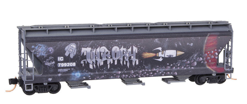 ACF 3-Bay Center Flow Covered Hopper w/Elongated Hatches - Ready to Run -- Illinois Central #799208 (Weathered, gray, Theory Graffiti on One Side)-1