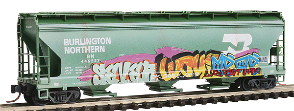 ACF 3-Bay Center Flow Covered Hopper w/Elongated Hatches - Ready to Run -- Burlington Northern #446227 (Weathered, Graffiti, Cascade Green, white)