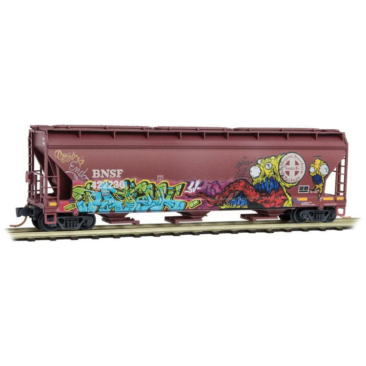 ACF 3-Bay Center Flow Covered Hopper w/Elongated Hatches - Ready to Run -- BNSF Railway #422236 (Weathered, Boxcar Red, Monster #2 Graffiti)
