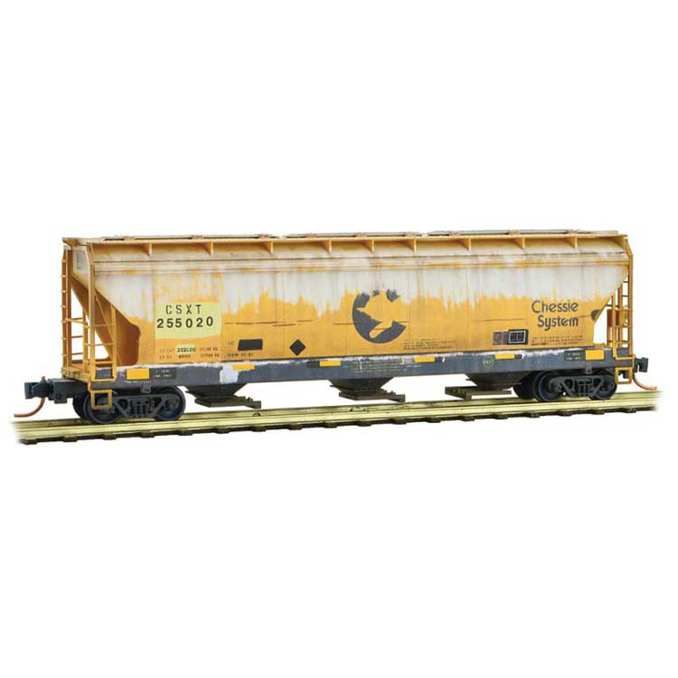 ACF 3-Bay Center Flow Covered Hopper with Elongated Hatches - Ready to Run -- CSX 255020 Weathered, Restencilled Chessie, yellow, blue)