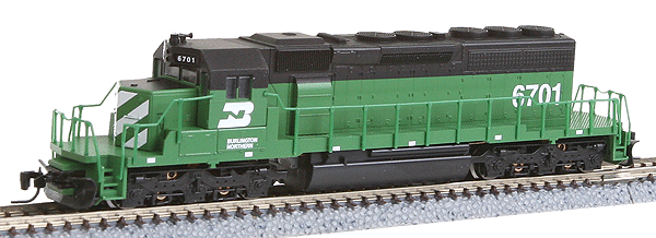 Diesel EMD SD40-2 Powered -- Burlington Northern #6704 (green, black Roof, white Stripes, Logo, Letters)