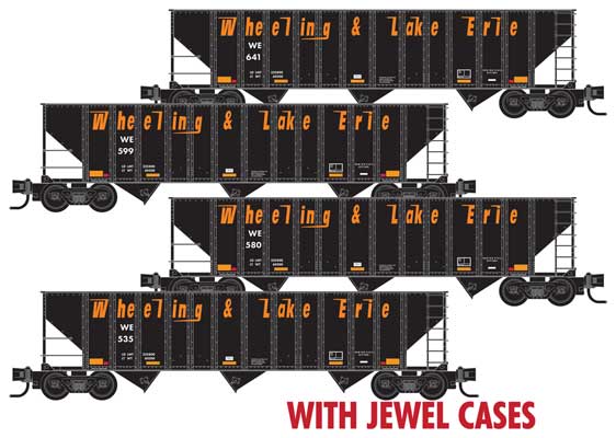 100-Ton 3-Bay Ribside Open Hopper w/Coal Load 4-Pack - Ready to Run -- Wheeling & Lake Erie #535, 580, 599, 641 (Jewel Case, black, orange)