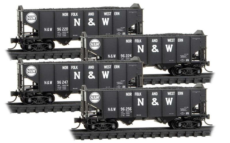 2-Bay Rib-Side Hopper 4-Pack w/Jewel Cases - Ready to Run -- Norfolk & Western #96220, 96224, 96247, 96256 (black, Block N&W, Hamburger L